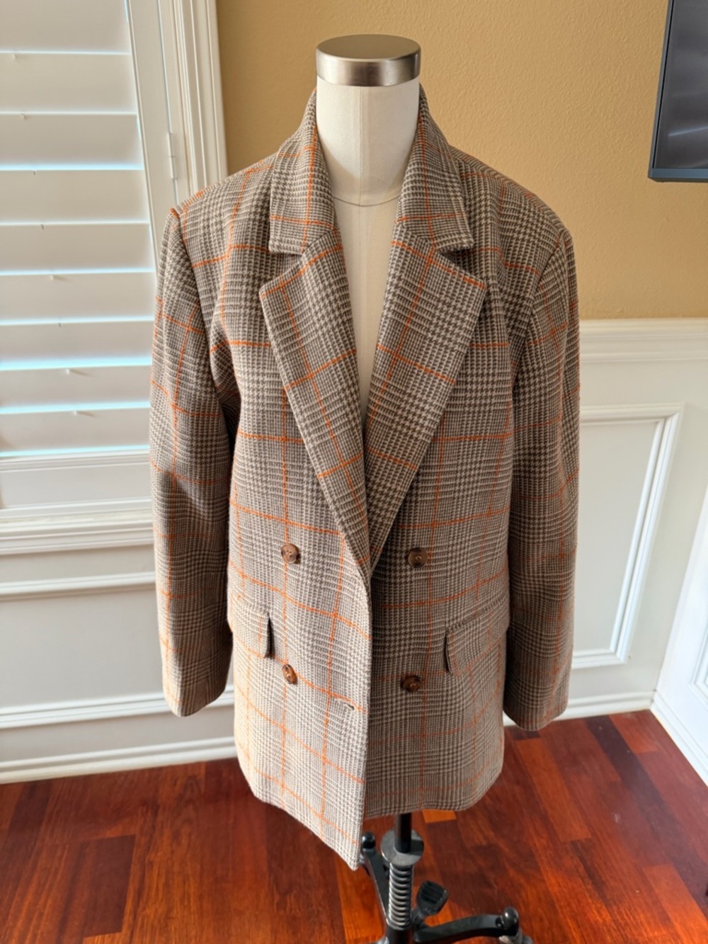 Clare V. Gray Plaid Double-Breasted Blazer with Orange Windowpane
